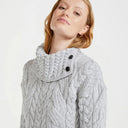 Women's Aran Button Up Collared Sweater Grey Front View Gaelsong
