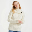Women's Aran Button Up Collared Sweater White Front View Gaelsong