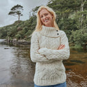 Women's Aran Button Up Collared Sweater White Lifestyle Gaelsong