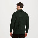 Men's Shawl Neck Aran Buttoned Cardigan Green Back View Studio Gaelsong