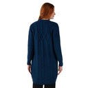 Merino Wool Aran Cable Knit Long Coat Ocean Blue Back View Gaelsong