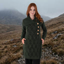 Merino Wool Long Cardigan with Aran Patterns Army Green Gaelsong