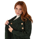 Merino Wool Long Cardigan with Aran Patterns Army Green Front Gaelsong