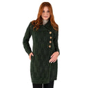 Merino Wool Long Cardigan with Aran Patterns Army Green Front View Gaelsong