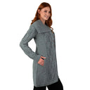 Merino Wool Long Cardigan with Aran Patterns Misty Blue Side View Gaelsong