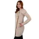 Merino Wool Long Cardigan with Aran Patterns Parsnip Side View Gaelsong