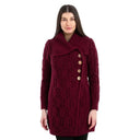 Merino Wool Long Cardigan with Aran Patterns Wine Gaelsong