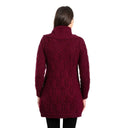 Merino Wool Long Cardigan with Aran Patterns Wine Back View Gaelsong