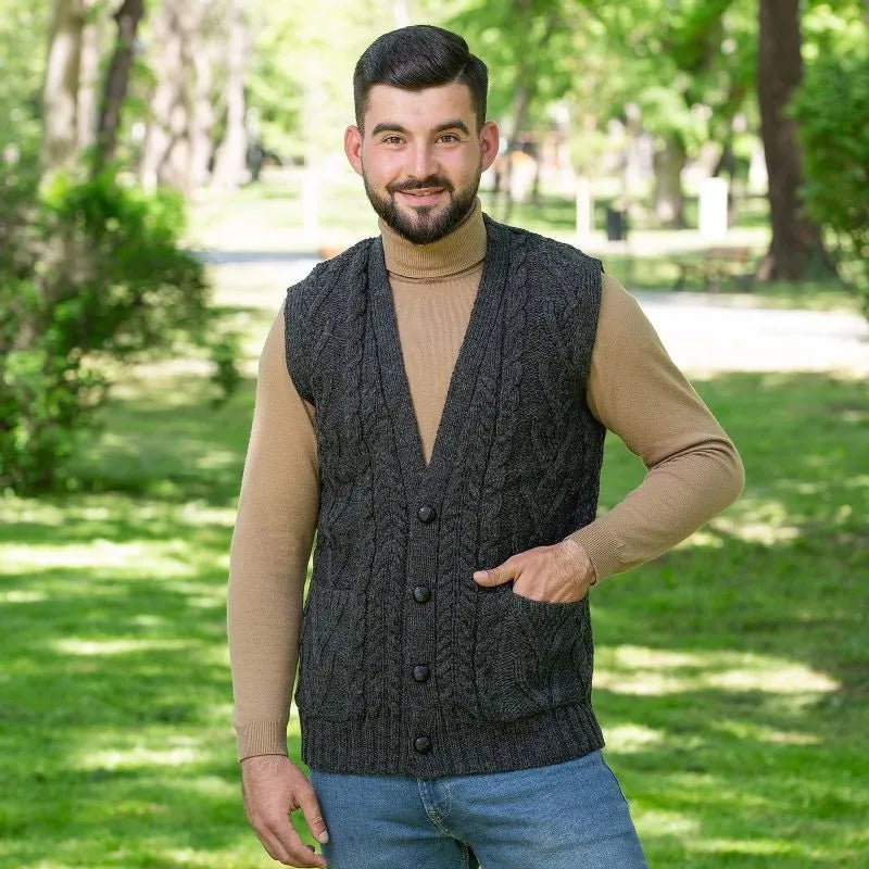 Irish Aran Cable Knit Sleeveless Vest With Pockets | Celtic Irish Aran Cable Knit Sleeveless Vest With Pockets | Celtic