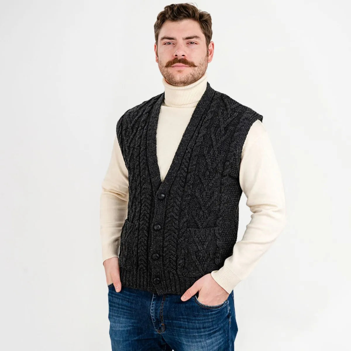 Irish Aran Cable Knit Sleeveless Vest With Pockets | Celtic Irish Aran Cable Knit Sleeveless Vest With Pockets | Celtic