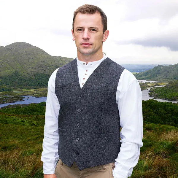 Gents' Irish Tweed Grey Herringbone Waistcoat | Gaelsong – GaelSong