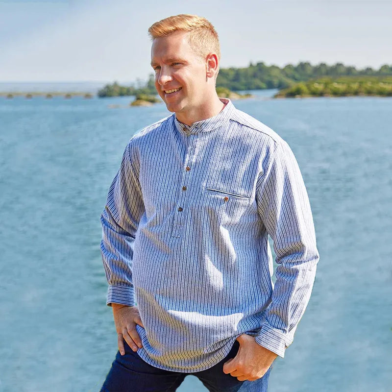 Grey Double Stripe Flannel Grandfather Shirt | Gaelsong – GaelSong Grey Double Stripe Flannel Grandfather Shirt | Gaelsong – GaelSong