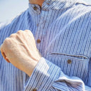 A60128 Grey Double Stripe Flannel Grandfather Shirt Sleeve Close Up Gaelsong
