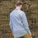 A60129 Irish Linen Grandad Shirt in Navy Stripes Back View Gaelsong
