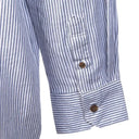 A60129 Irish Linen Grandad Shirt in Navy Stripes Sleeve Close Up Gaelsong

