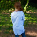 A60160 Women's Navy Striped Irish Linen Grandfather Shirt Back View Gaelsong
