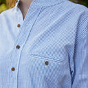 A60160 Women's Navy Striped Irish Linen Grandfather Shirt Close Up Gaelsong
