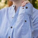 A60160 Women's Navy Striped Irish Linen Grandfather Shirt Buttons Close Up Gaelsong

