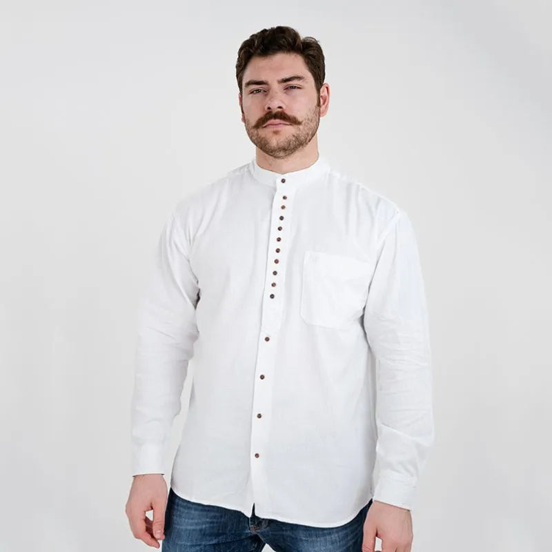 collarless dress shirt white Irish Linen Collarless Granddad Shirt in White