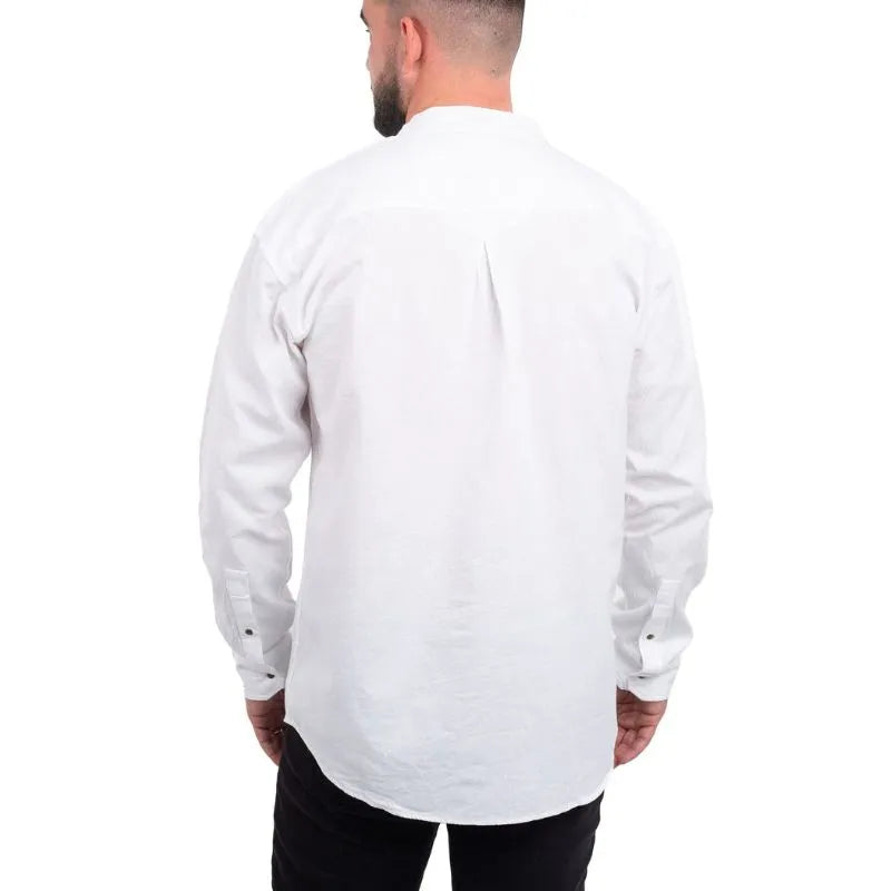 Irish Linen Collarless Granddad Shirt in White Irish Linen Collarless Granddad Shirt in White