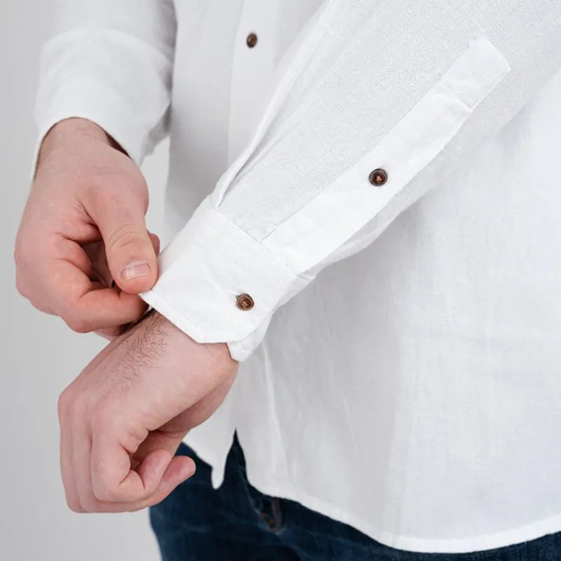 irish linen dress shirts Irish Linen Collarless Granddad Shirt in White