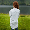 Women's Irish Collarless Grandad Shirt - Ivory Stripe Lifestyle Back View Gaelsong
