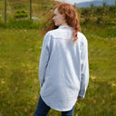 Traditional Women's Irish Grandad Shirt - Green Stripe Lifestyle Back View Gaelsong