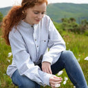 Traditional Women's Irish Grandad Shirt - Green Stripe Lifestyle Gaelsong