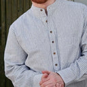 Men's Vintage Style Grandfather Shirt - Navy Stripe Lifestyle Front View Gaelsong