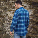 A60202 Men's Flannel Irish Grandfather Shirt Blue/Navy Check Back Side View Gaelsong