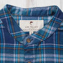 A60202 Men's Flannel Irish Grandfather Shirt Blue/Navy Check Closeup Chest View Gaelsong
