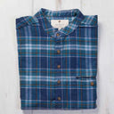A60202 Men's Flannel Irish Grandfather Shirt Blue/Navy Check Closeup Chest View Gaelsong
