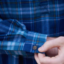 A60202 Men's Flannel Irish Grandfather Shirt Blue/Navy Check Closeup Sleeve View Gaelsong