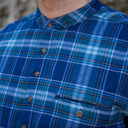 A60202 Men's Flannel Irish Grandfather Shirt Blue/Navy Check Closeup Chest View Gaelsong
