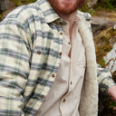 A60213 Mens Fleece Line Flannel Shirt Green Navy Check Front Closeup View Fleece Gaelsong
