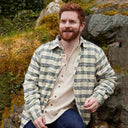 A60213 Mens Fleece Line Flannel Shirt Green Navy Check Front Closeup View Fleece Gaelsong
