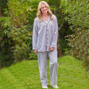 Women's Flannel Pyjama Set - Ivory Stripe Lifestyle Front View Gaelsong