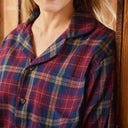A90059 Women's Flannel Pajamas - Maroon/Navy Check Closeup View Tweed Gaelsong