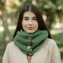 Honeycomb Aran Buttoned Snood Scarf Green Front View Lifestyle Gaelsong