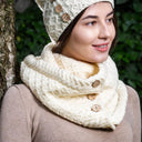 Honeycomb Aran Buttoned Snood Scarf White Lifestyle side view Gaelsong