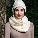 Honeycomb Aran Buttoned Snood Scarf  White Front Gaelsong