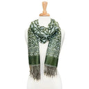 Viscose Celtic Designed Scarf - Green & Light Blue Front View Gaelsong
