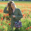 B40243 MUTED GREEN PURPLE TARTAN Colour Harris Tweed Square Shoulder Bag Lifestyle Gaelsong
