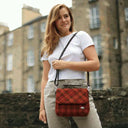 B40243 RUST WITH ORANGE OVERCHECK Colour Harris Tweed Square Shoulder Bag Lifestyle Gaelsong
