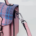B40253 PINK BLUE TARTAN Colour Handwoven Harris Tweed Satchel Bags Handle Design Gaelsong
