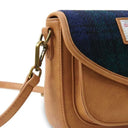 B40265 Blackwatch Colour Authentic Handwoven Harris Tweed Saddle Bag Side View Closeup Strap View Gaelsong