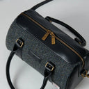 B40270 BLACK GREY HERRINGBONE Colour Handmade Genuine Harris Tweed Duffle Bag- Medium Closeup View Gaelsong
