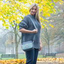 B40280 Genuine Harris Tweed Camera Bag Turquoise Herringbone Lifestyle Gaelsong
