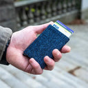 B40299 Authentic Harris Tweed Pop Up Credit Card Holder Blue Lifestyle Gaelsong

