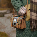 Ladies Harris Tweed & Leather Small Satchel Chesnut Blue Lifestyle Gaelsong